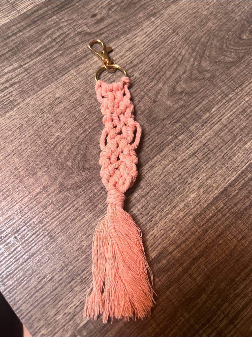 Handmade Coral Macramé Tassel Keychain with Gold Clip
